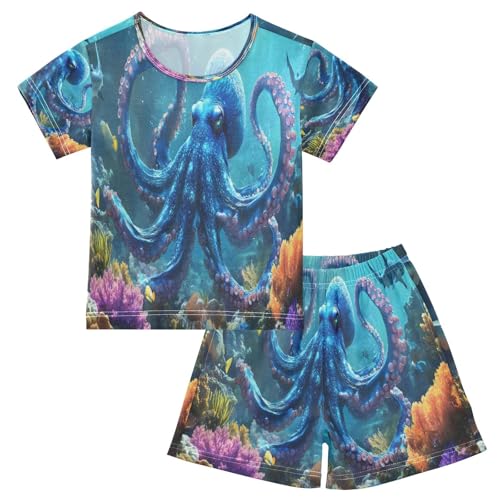 ALAZA Blue Octopus Shark Coral Reef Pajamas Set Short Sleeve Cotton Sleepwear Summer Pjs 2 Piece 5-14Y