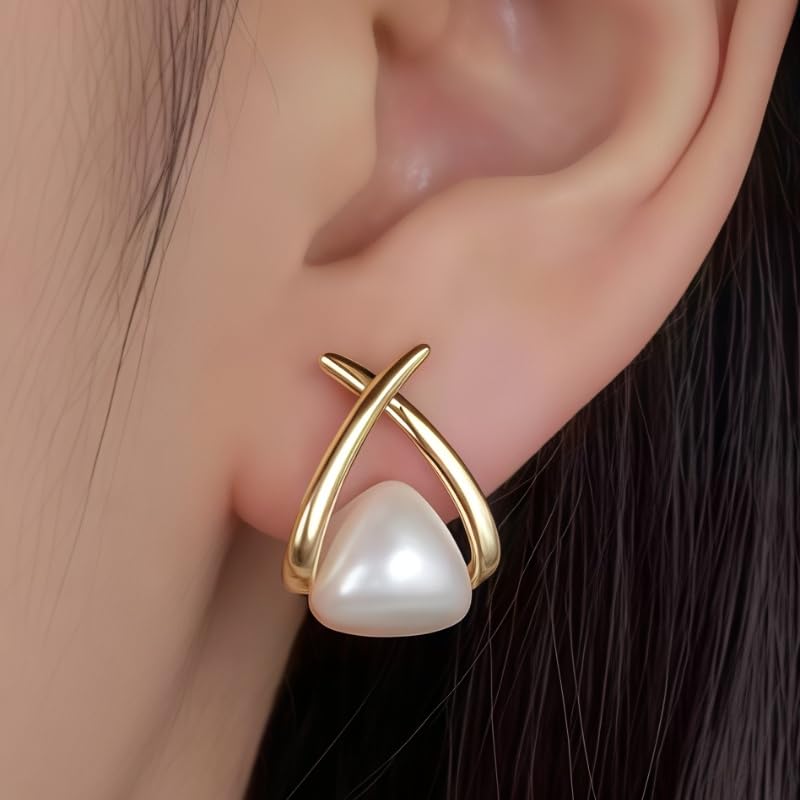 Fanmusic gold earrings for women -Stylish Gold-Plated Pearl Earrings,Hypoallergenic Women's Stud & Dangle Earrings，Ideal for Women Gifts3