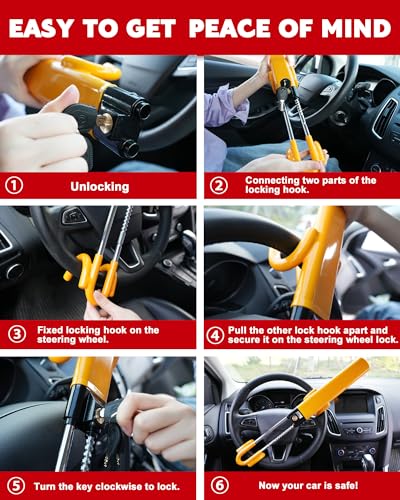 Tevlaphee Steering Wheel Lock - Heavy Duty Antitheft Device and Car Security Lock with Adjustable Locking and 3 Keys - Great Vehicle and Truck Deterrent (Yellow) - Image 5