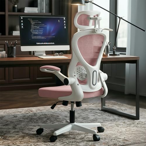 Image of DROGO Ergonomic Office Chair for Work from Home with Breathable Mesh, Flip-up Armrest, Adjustable 3D Headrest & Lumbar Support | Computer Chair for Study | Gaming Chair with 130 Recline (White /Pink)
