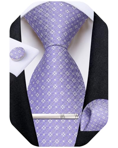 Image of DiBanGu Plaid Ties for Men Silk Checkered Necktie and Pocket Square Cufflinks Tie Clip Set with Gift Box for Wedding Business