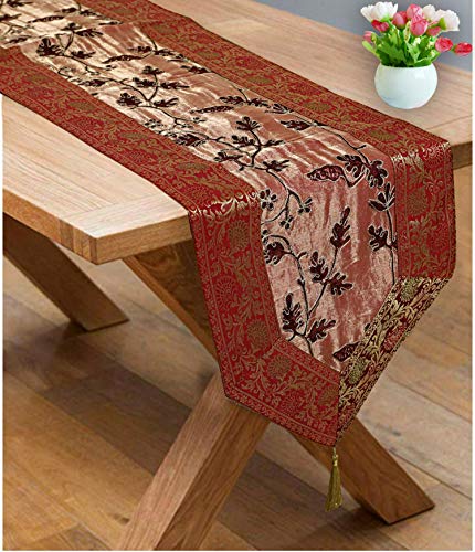 Image of Maroon & Coffee Table Runner for Center Table Long Ari Zari Embroidered Banarasi Indian Satin Decorative 6 Feet Runner Up with Tassels Dining Tablecloth Overlay
