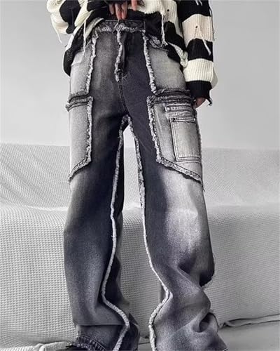 Men's Burr Edge Deco Washed Straight Fit Jeans Loose Hip Hop Denim Work Pants Jean2