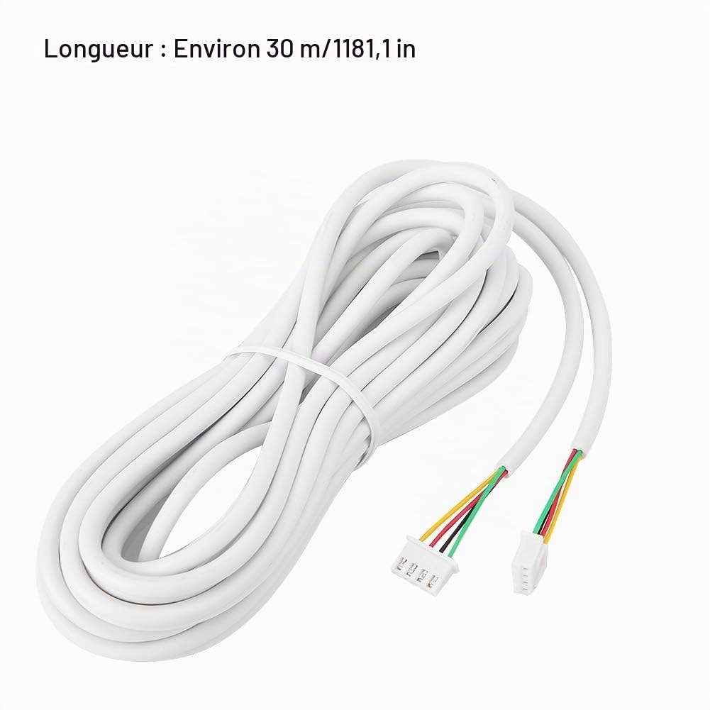 Câble pour porte vidéo, 4 conducteurs 30 m Câble en cuivre flexible rond de 0,3 mm² pour système de visiophone, avec 2 connecteurs de câble de rechange