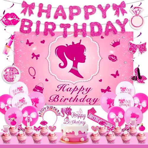 Hot Pink Birthday Party Decorations Supplies Pink Glitter Happy Birthday Banner Backdrop Balloons Hanging Swirls Sash Headband Cake & Cupcake Toppers for Kids Girls and Women