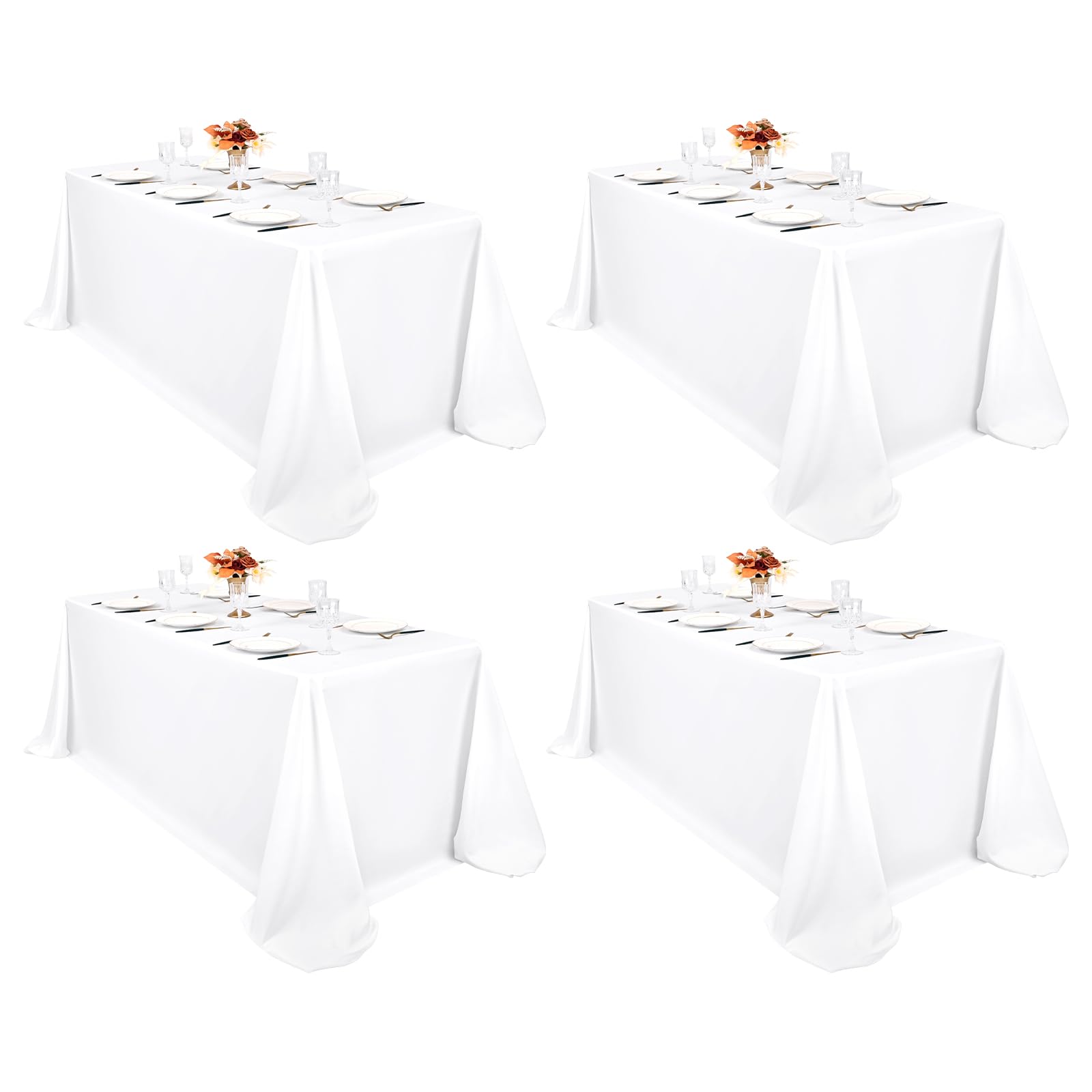 Pesonlook Confezione da 4 tovaglie rettangolari bianche, 228 x 396 cm, in poliestere lavabile, copertura per tavolo in tessuto di poliestere per matrimoni, feste, banchetti, buffet, cene di festa