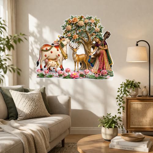 Image of Rangoli Cow Krishna Theme Wall Sticker 20 x 16 Inch Floral Tree Animal Design Self Adhesive Wall Decor for Living Room Bedroom Kids Room Indian Traditional Wall Art
