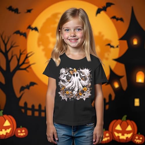 Girls Halloween Shirt Kids Floral Ghost Graphic T-Shirt Retro Spooky Season Tee Funny Print Short Sleeve Fall Top3
