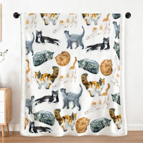 Sleepwish Colorful Cat Throw Blanket, Soft Fuzzy Kitten Print Sherpa