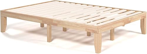 Miniatura 9 de Giantex Base de cama de plataforma de madera matrimonial de 14 pulgadas, base de colchón de estilo minimalista con madera de goma maciza, soporte de