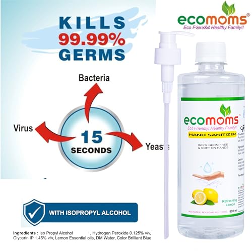Image of Ecomoms hand sanitizer 500ml Gel and Sanitizer 75% Alcohol-Based Kills 99.9% of Germs Skin safe (Pack of 1)