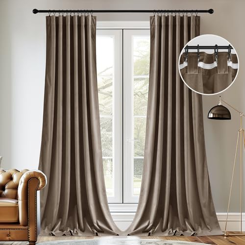 Image of StangH Taupe Velvet Curtains 120 Inches Long for Tall Windows, Extra Long Luxury Room Darkening Drapes, Neutral Home Staging Decor with Back Tab & Hook Belt, W52 x L120, 2 Panels