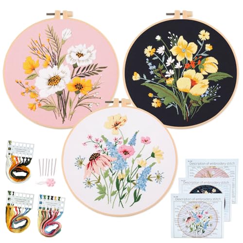 Image of Silentsea 3 Embroidery Kits-Beginner Collection, Includes All Needed 3 Plastic Hoops, 3 Embroidery Fabrics with Patterns, Threads, Needles, and More.