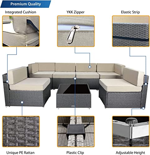 Maxxprime 7 Piece Outdoor Patio Furniture Set With Waterproof Cover, Grey Wicker Sectional Sofa Sets, Beige Cushions With Strip And Zippers #TOP3