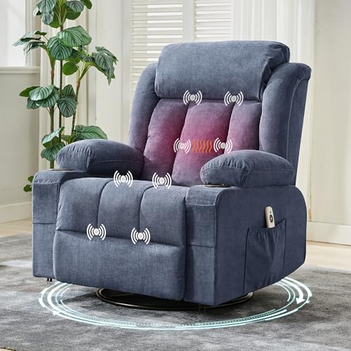 GAOMON Rocker Swivel Recliner Chair with Heat Massage Large Wide Lazy Boy Single Sofa Seat with 3 Positions 2 Side Pockets Cup Holders USB Ports Remot