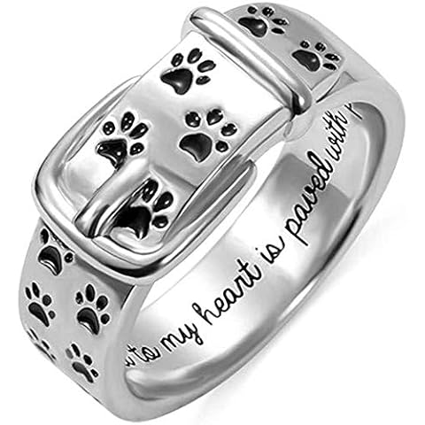 Sterling Silver Personalized Pet Collar Ring with Footprint Pet Name Ring with Paw Jewelry Gift for Dog Lovers Cover