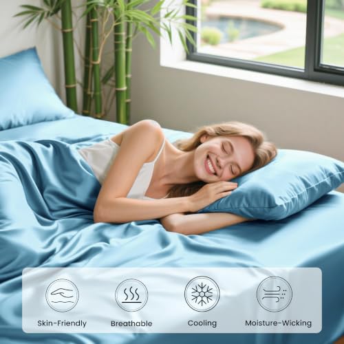 Image of Love's cabin 4 Piece California King Size Sheet Set, 100% Rayon Derived from Bamboo, Cooling & Breathable, Soft Silky Deep Pocket up to 16 inch, Hotel Luxury Bedding for Hot Sleepers, Light Blue