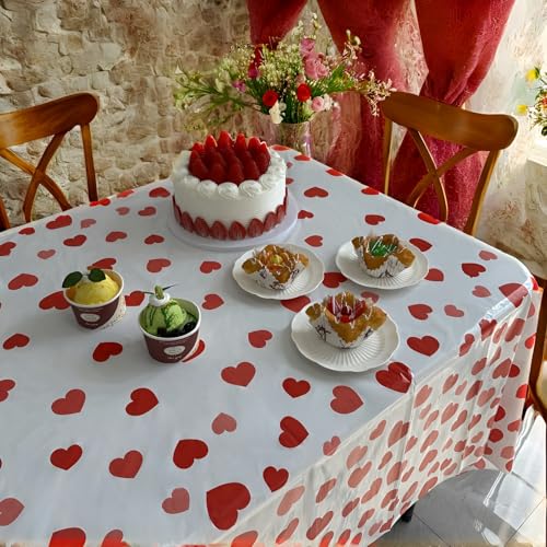 Image of OQOQ Love Heart Valentines Day Tablecloth (2 Packs) - 108x54 Inches Pink and Red Hearts Plastic Table Cloth Disposable Rectangle Table Cover for Anniversary Engagement Party Decorations Supplies