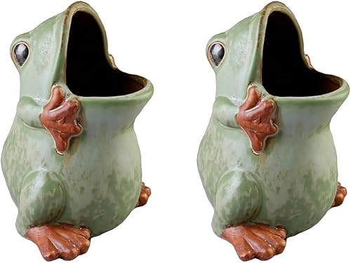 123Arts Paquete de 2 macetas de cerámica con forma de rana, macetas suculentas retro, adorno de escritorio