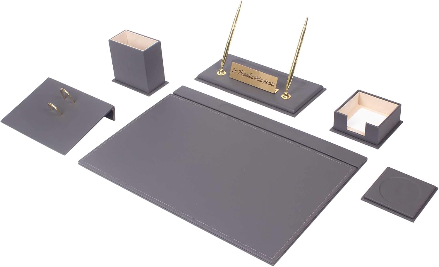 MOOGCO Gray Leather Desk Set - Desk Pad - Note Paper Holder -Pen Holder - Leather Coaster -Desk Accessories-Desk Organizer - Office Desk Accessories - Desktop Storage,Gray (8PCS)