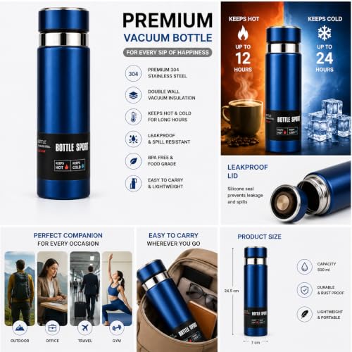 Image of Stainless Steel Vacuum Insulated Water Bottle | Double Wall Flask for Hot & Cold Beverages | Leakproof Travel Bottle for Office, Gym, School & Outdoor | Silver | (Blue, 1000 Ml)