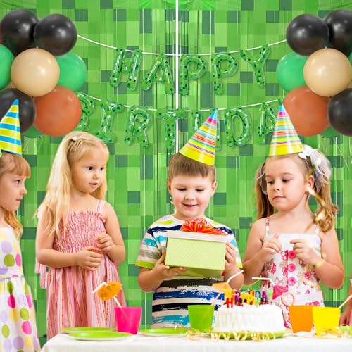 Image of Green Pixel Miner Foil Fringe Curtains - 2 Pack 3.3x6.6ft Metallic Video Game Birthday Photo Booth Backdrop, Door Streamers for Gamer Party Decorations & Room Wall Decor