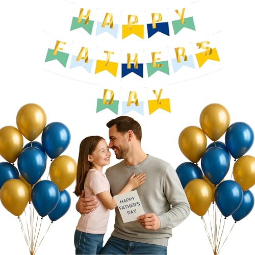 Image of Happy Father's Day Glitter Black Beer Bunting Banner for Dad Father's Party Decorations Backdrop Garland for Father's Day (White Blue Yellow Double)
