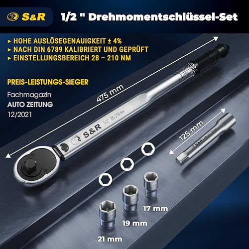 S&R 1/2 Zoll Drehmomentschlüssel Auto Set 28-210 Nm, Drehmomentschlüssel Motorrad 475 mm...