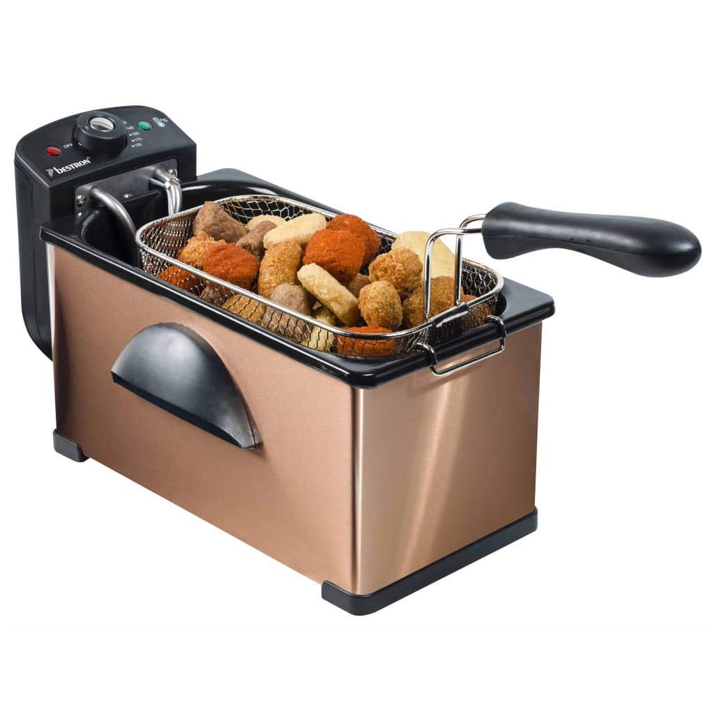 Bestron Friggitrice, friggitrice ad olio con tecnologia a zona fredda, 3,5 litri, con controllo della temperatura, lavabile in lavastoviglie, 2000 watt, colore: Rame