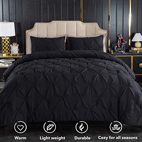 Andency Black Pinch Pleat Comforter Queen(90X90Inch), 3 Pieces(1 Pintuck Comforter And 2 Pillowcases) Pintuck Comforter Set, Microfiber All Season Down Alternative Bedding Set #TOP6