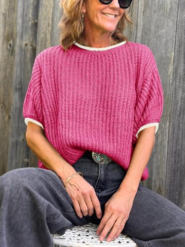 Image of Saodimallsu Womens Puff Short Sleeve Sweater Tops Spring Summer Color Block Ribbed Knit Crew Neck Going Out Shirts