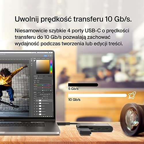 Koncentrator Belkin CONNECT USB-C z 4 portami USB-C, adapter z 4 portami USB-C 3.2 Gen2, 100 W PD, maks. prędkość transmisji danych 10 Gb/s, do urządzeń MacBook, iPad, Chromebook, PC i innych