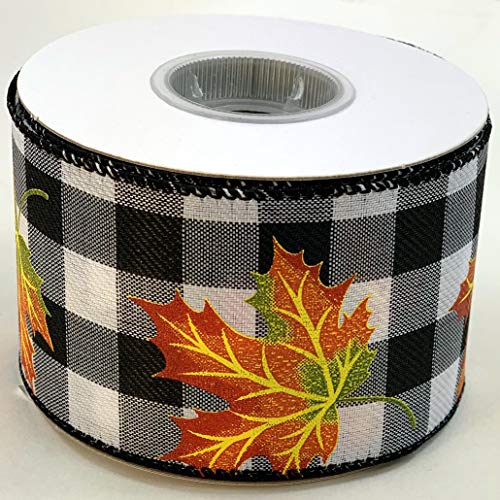 Image of Fall Leaves Buffalo Plaid Ribbon - 2 1 /2 inch x 10 Yards, Wired Edge, Orange Leaf, Black and White Plaid, Halloween, Thanksgiving, Fall Decor, Christmas, Rustic, Farmhouse, Wreath Decor, Craft Decoration