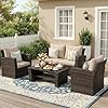 Wisteria Lane 4 Piece Patio Furniture Set, Wicker Outdoor Patio Conversation Furniture Set, All Weather Outdoor Patio Sofa with Cushion and Glass Table, Brown