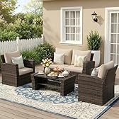 Wisteria Lane 4 Piece Patio Furniture Set, Wicker Outdoor Patio Conversation Furniture Set, All Weather Outdoor Patio Sofa with Cushion and Glass Table, Brown
