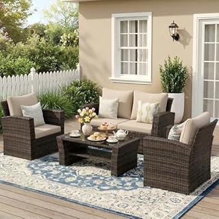 Wisteria Lane 4 Piece Patio Furniture Set, Wicker Outdoor Patio Conversation Furniture Set, All Weather Outdoor Patio Sofa with Cushion and Glass Table, Brown