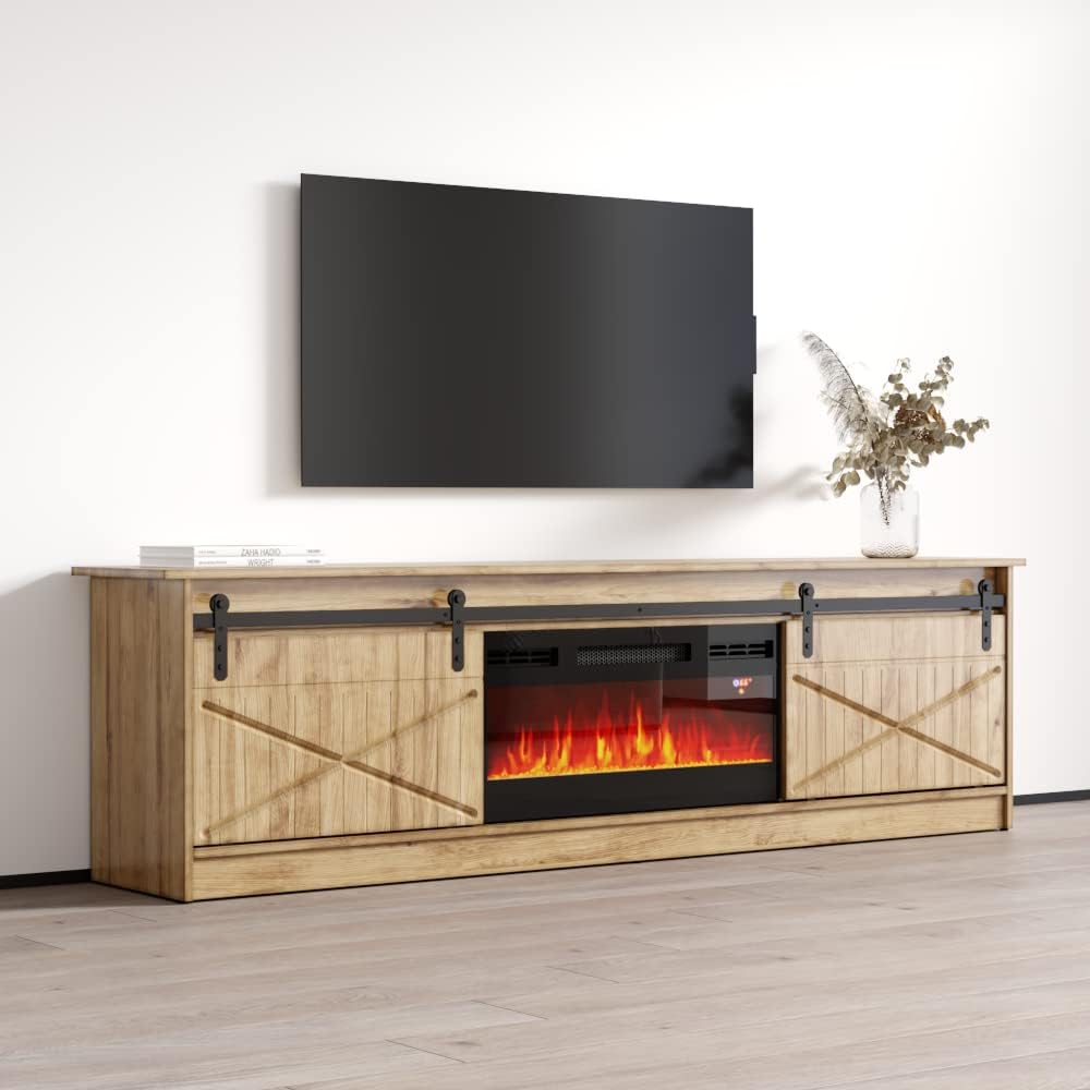 Meble Furniture Granero BL-EF Electric Fireplace TV Stand — Modern Media Console with Storage Cabinets — Supports TVs up to 90" — Oak, 79" W