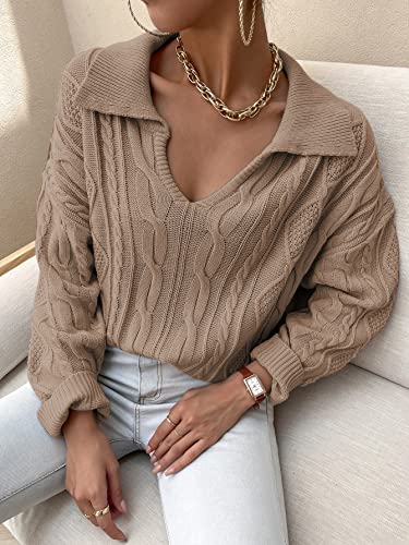 Image of Verdusa Women's Collar V Neck Drop Shoulder Long Sleeve Sweater Knit Tops Pullovers