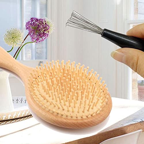 Herramienta de limpieza de cepillo para cabello con mango de madera y púas metálicas 8