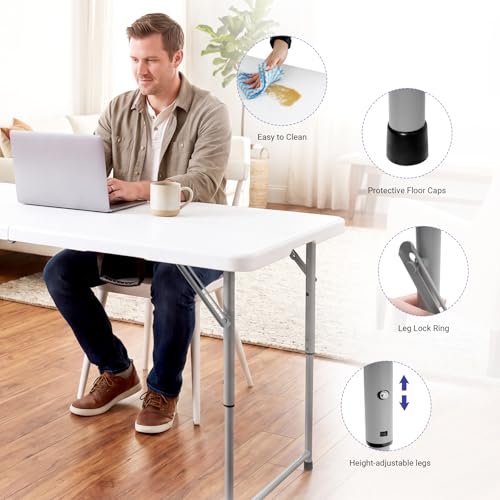 Image of Byliable Folding Table 4 Foot, Heavy Duty Portable Plastic Fold-in-Half Utility 4ft Folding Table with Carrying Handle for Indoor Outdoor, Camping Picnic Party, White
