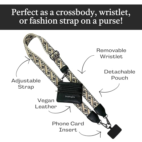 Image of Save the Girls Original Clip and Go Phone Strap Pattern (XOXO - Black) - Crossbody Phone Strap Chain with Zipper Wallet Pouch - Phone Lanyard Zippered