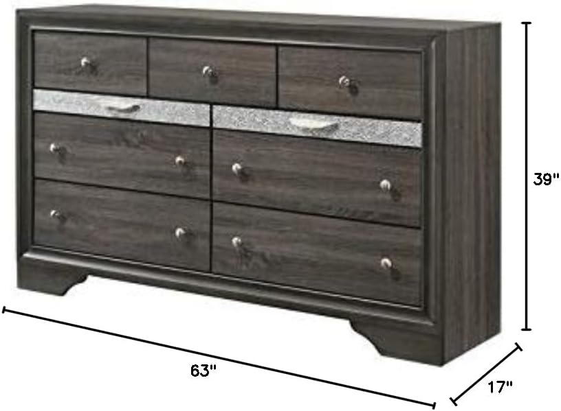 BOWERY HILL Contemporary 9 Drawer Dresser, Gray Finish, 39" H x 63" W x 17" D, Horizontal Design with Jewelry Trays, Sparkling Acrylic Trim, Metal Glides, Bedroom Storage Furniture