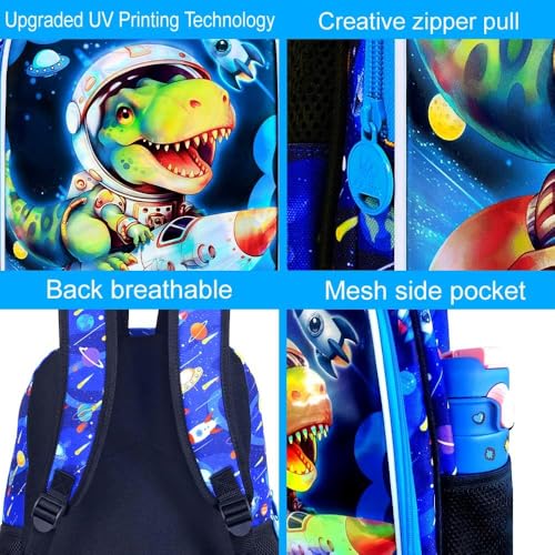 Image of UFNDC 3PCS Dinosaur Backpack for Boys, Kids Space Bookbag with Lunch Box, 16 inch Water Resistant Rocket School Bag for Elementary Preschool Toddler