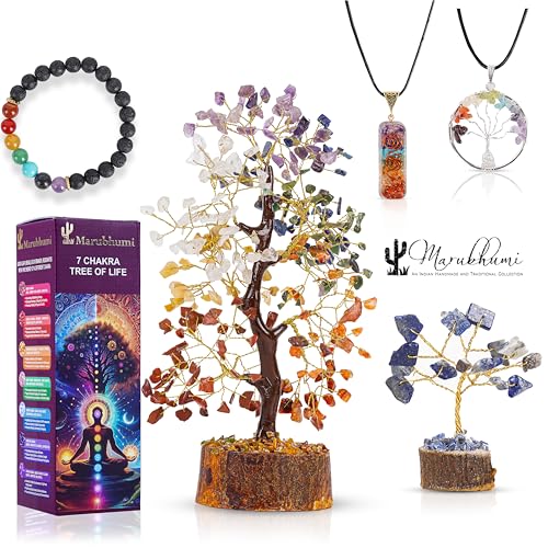 Chakra Healing Crystal Tree Kit with 7 Chakra Bracelet and 2 Pendant Necklace Handmade Bonsai...