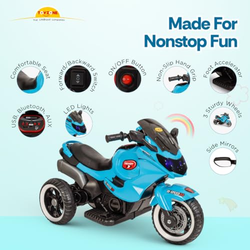 Image of Toyzone Trendy Electric Bike (Blue) | 6V Rechargeable Bike for Kids with 4.5Ah Battery | LED Lights, Music, MP3 /USB /BT | Smooth Acceleration | 6M Battery Warranty | Age 2-8 Years, Up to 35kg