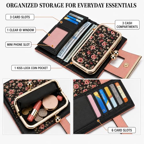 Image of Floral Wallet for Women, Vintage Kiss-Lock Clutch Purse