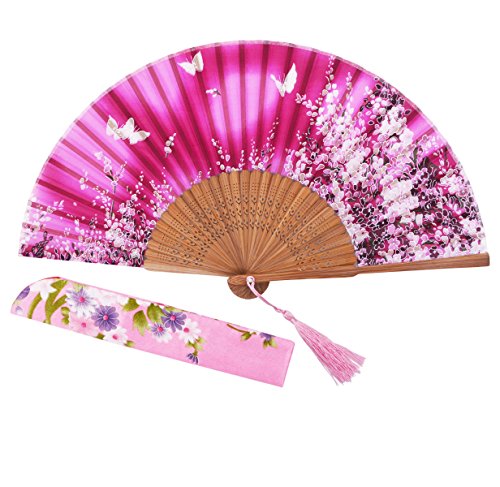 STHUAHE 21 cm Sakura Mariposa Danza Juntos Pintado a Mano Mujer Seda Plegable Ventiladores con una Funda de Tela para protección, Estilo Retro...