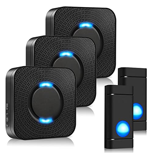 Wireless Doorbell, COTINSE Waterproof Door Bell Chime Kit Long Range 1300ft, 2 Battery Powered Buttons & 3 Plug in Receivers, 58 Melodies 5 Volume Levels LED Flash, Black Wireless Doorbell, COTINSE Waterproof Door Bell Chime Kit Long Range 1300ft, 2 Battery Powered Buttons & 3 Plug in Receivers, 58 Melodies 5 Volume Levels LED Flash, Black
