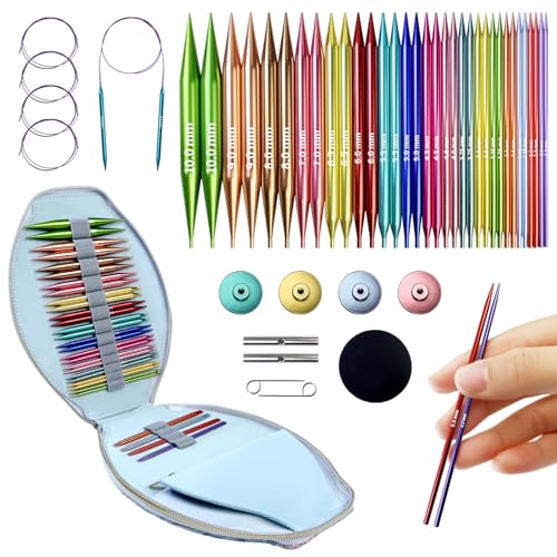 Image of Lewhoo Circular Knitting Needles Set, 17 Size Interchangeable Aluminum Knitting Needle with 4 Cables ＆ Bag Multicolored-1 2.2~10.0mm
