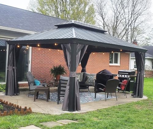 Domi-12×14-Hardtop-Gazebo-CanopyOutdoor-Aluminum-Gazebo-with-Galvanized-Steel-Double-RoofPermanent-Gazebo-with-Drainage-SystemCurtain-and-Netting-IncludedGrey Domi 12×14 Hardtop Gazebo CanopyOutdoor Aluminum Gazebo with Galvanized Steel Double RoofPermanent Gazebo with Drainage SystemCurtain and Netting IncludedGrey